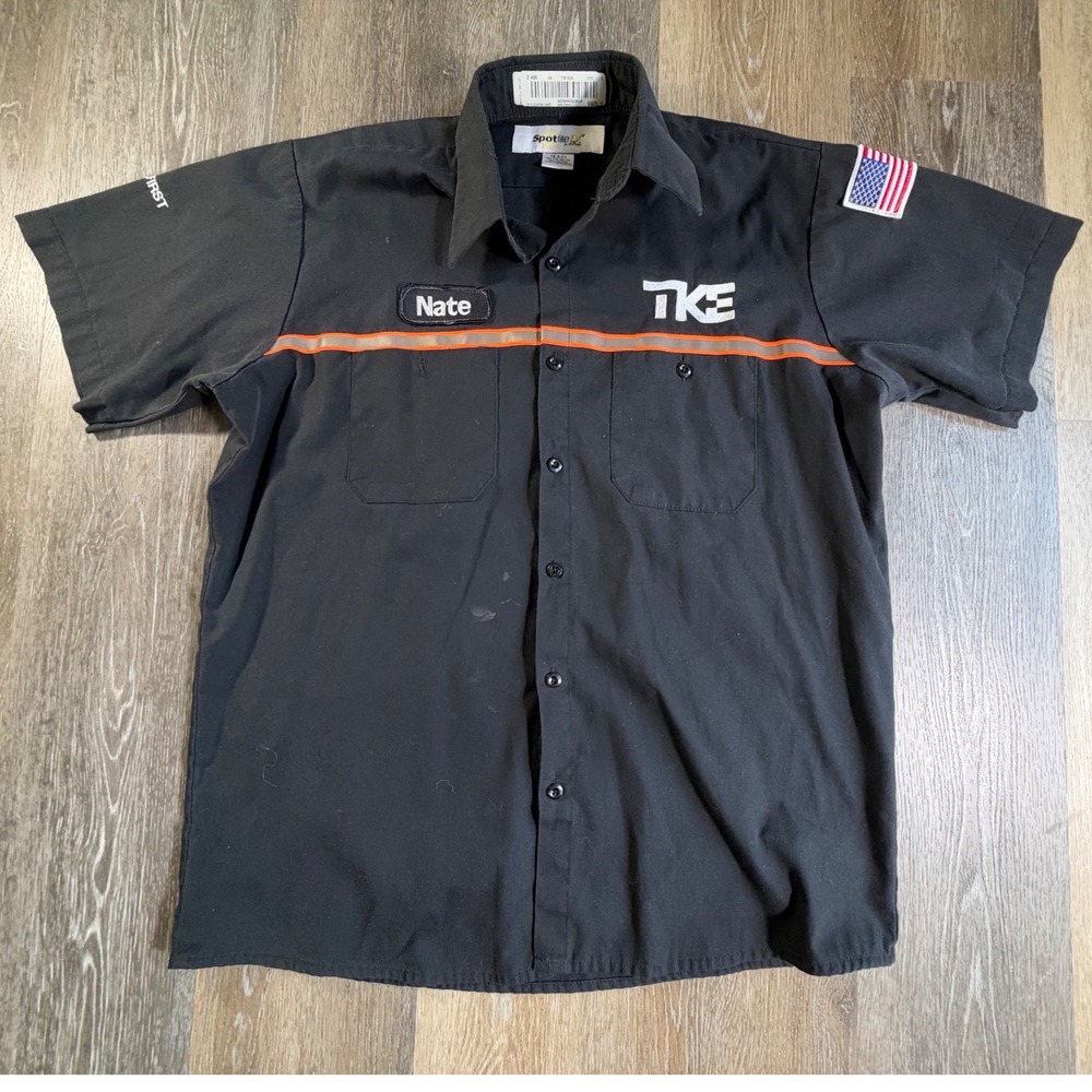 UniFirst Work Shirt Mens S Black TKE Elevator Nate Patch Reflective Short Sleeve